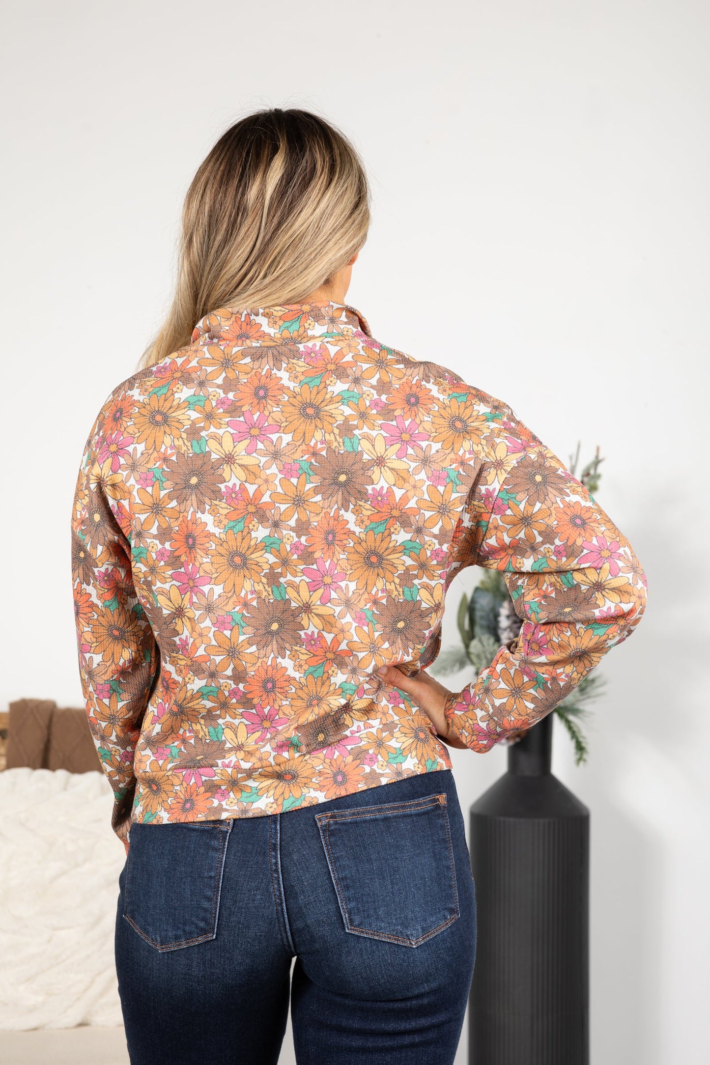 Brown And Pink Floral Print Knit Pullover