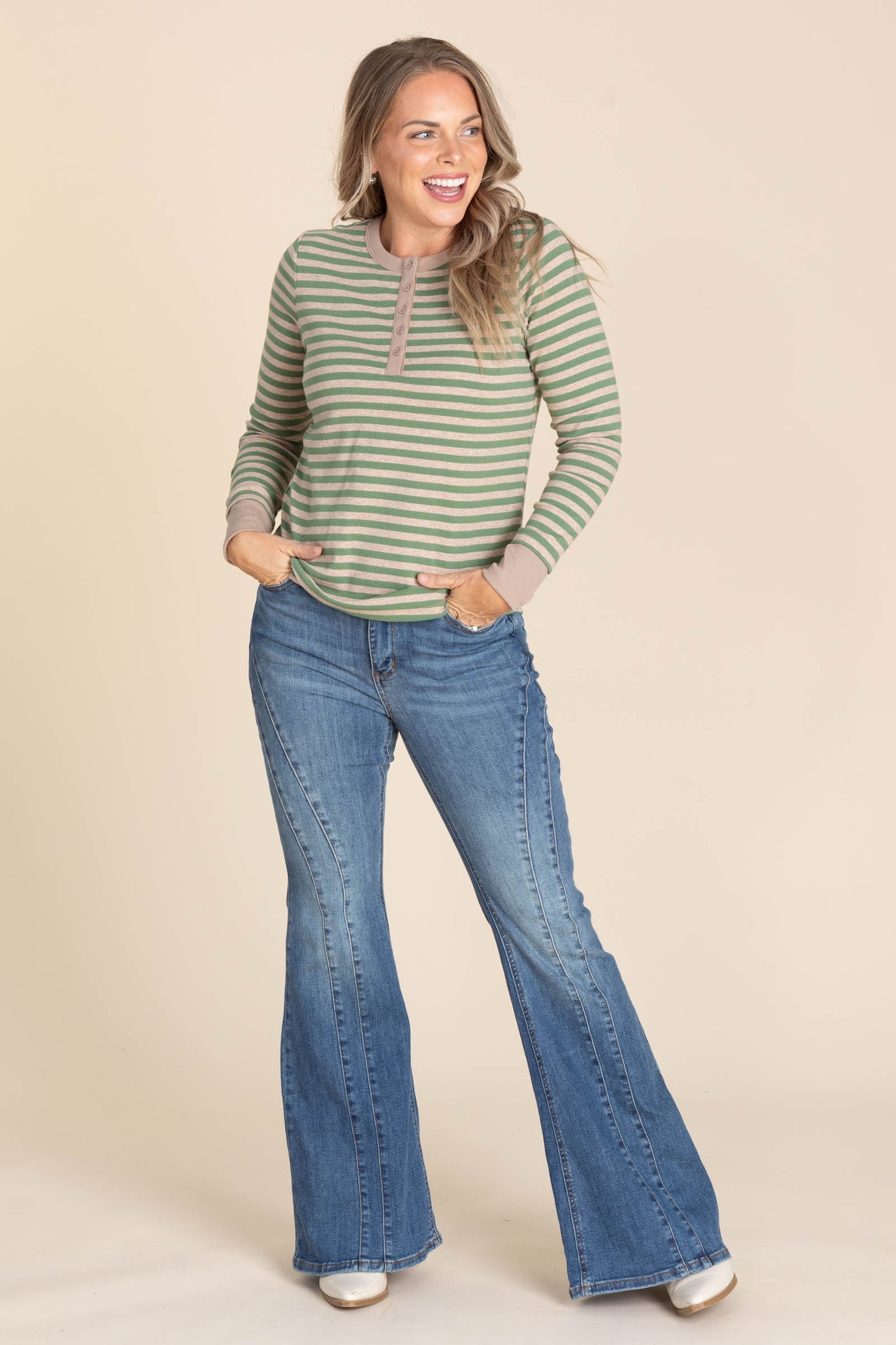 Button Henley Striped Knit Tops