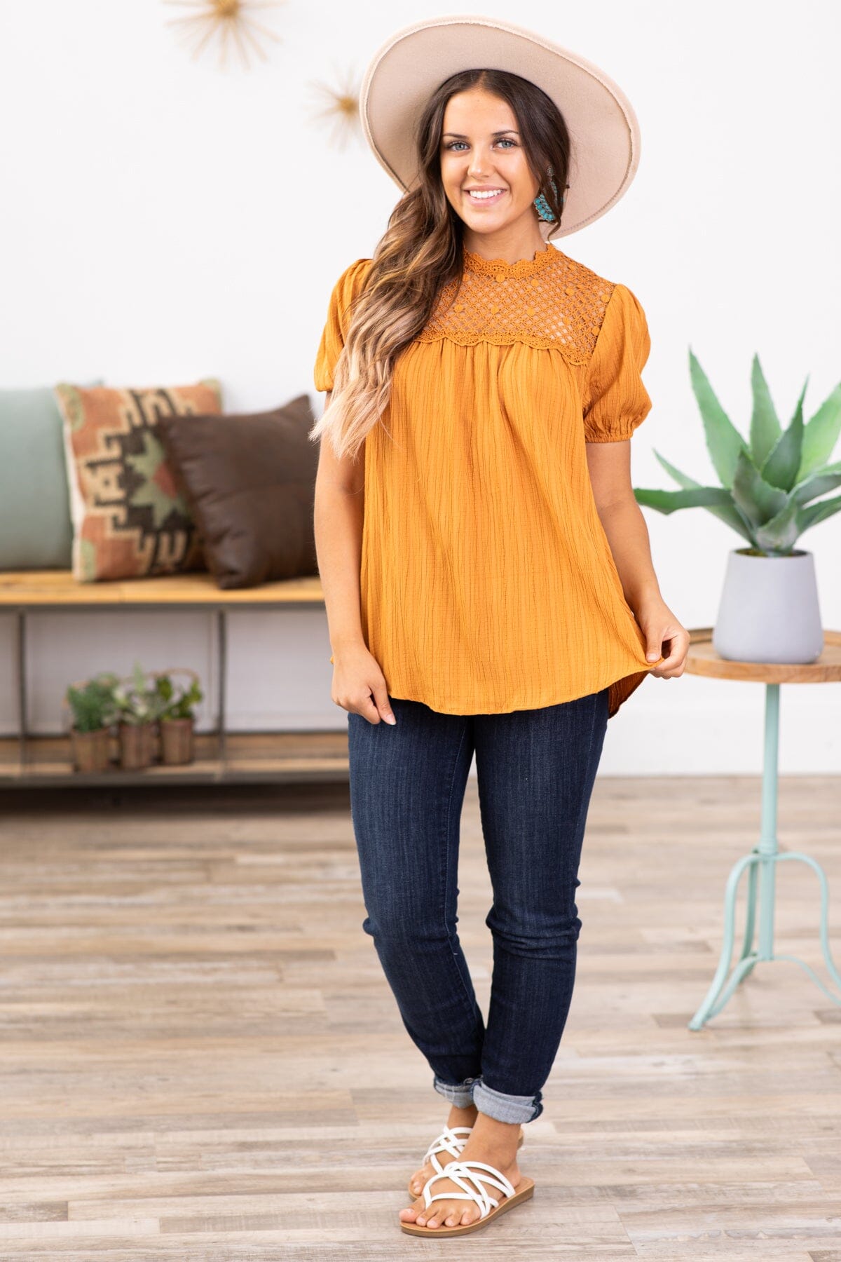Copper Crochet Yoke Short Sleeve Top