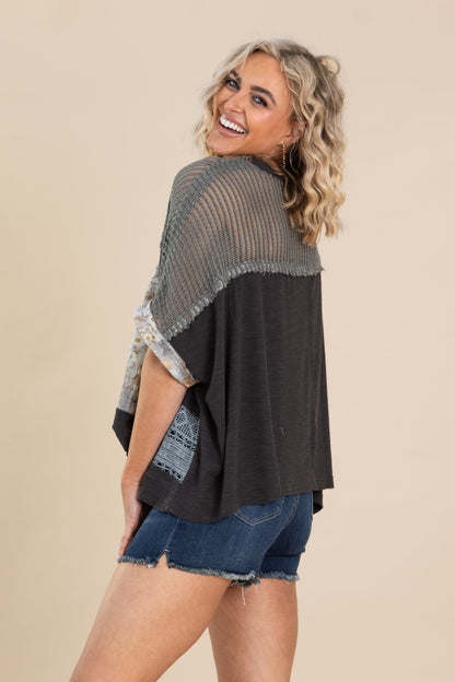 Charcoal Floral Pattern Rib Knit Top