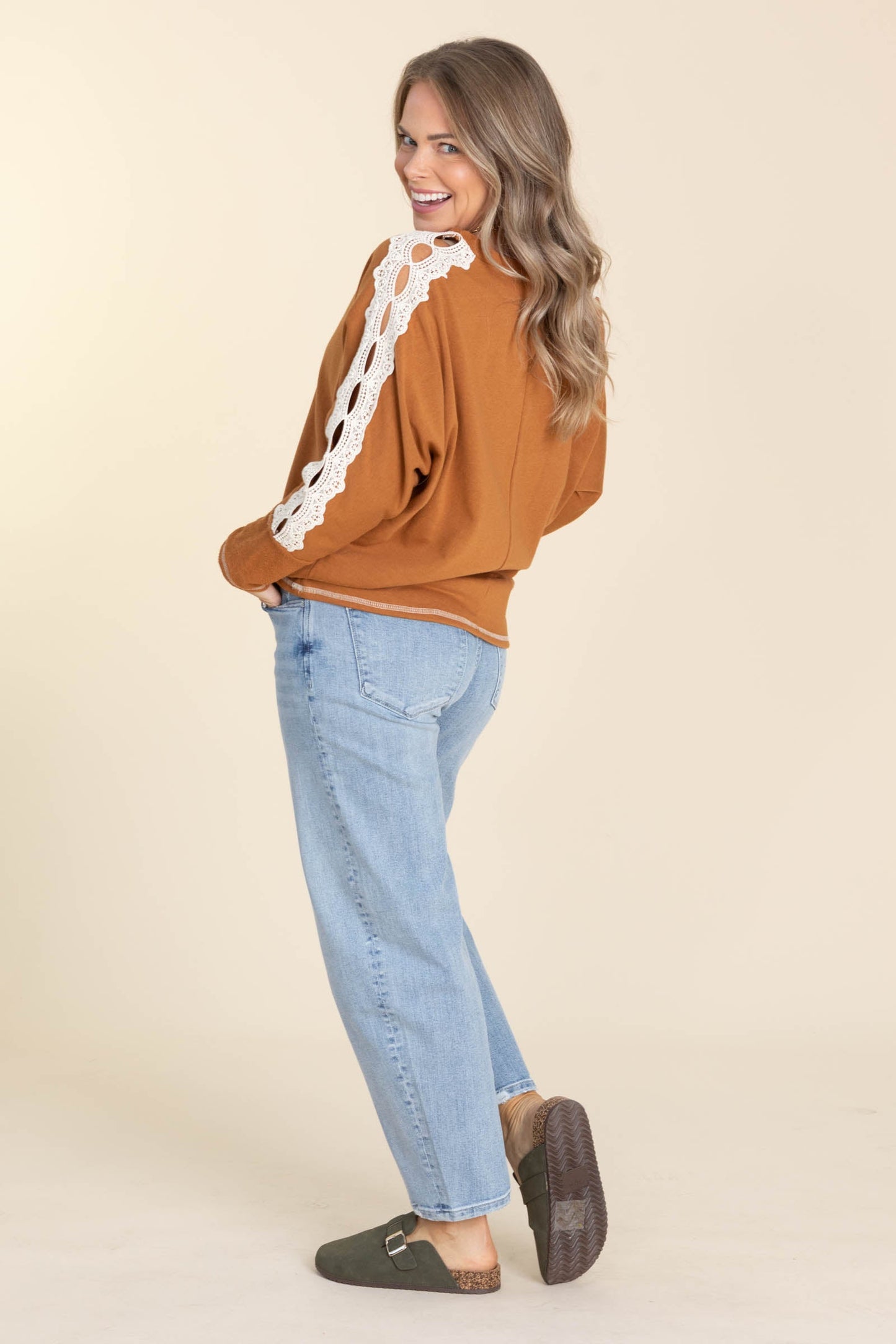 Camel Lace Long Sleeve Detail Knit Top