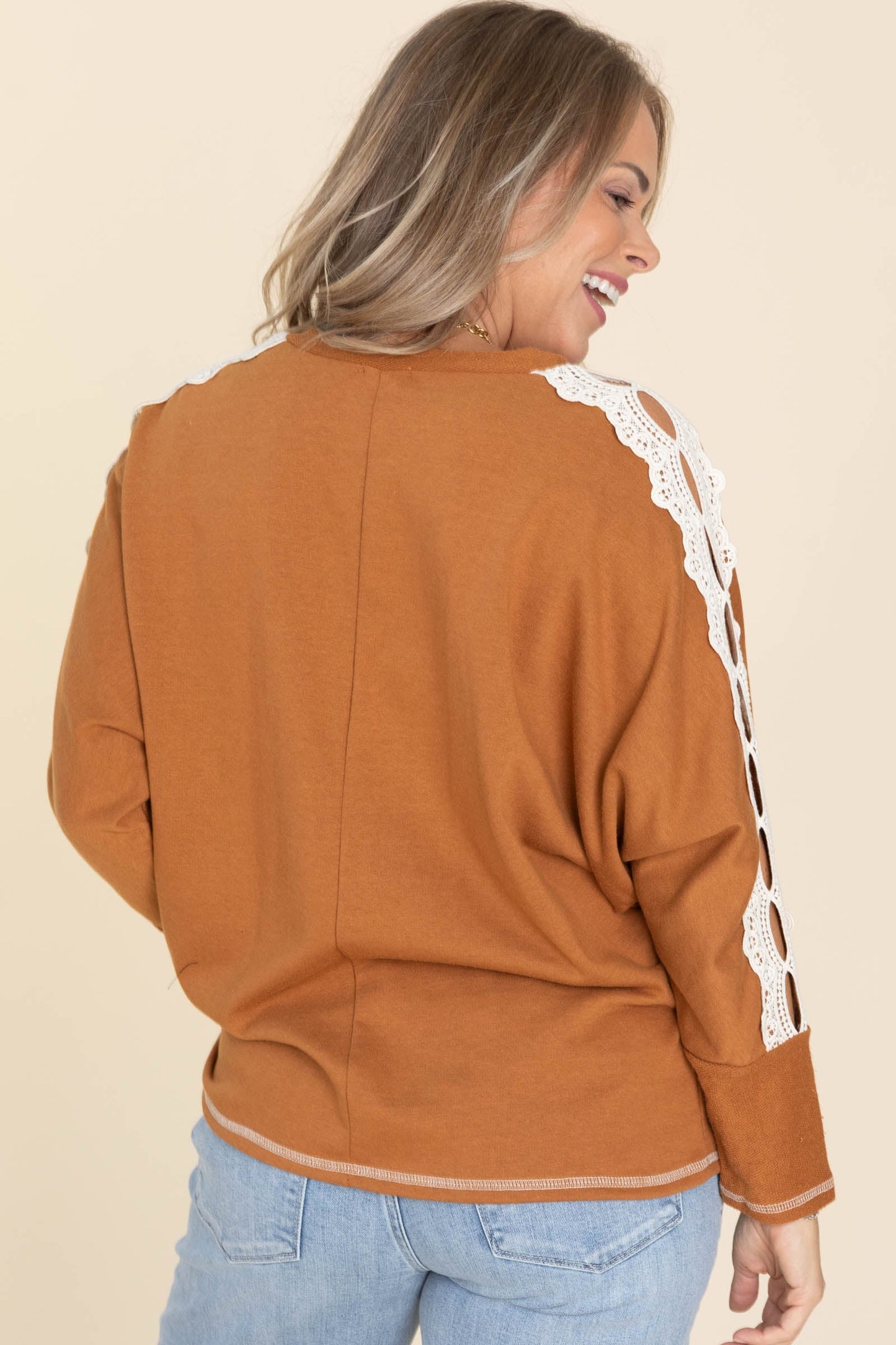 Camel Lace Long Sleeve Detail Knit Top