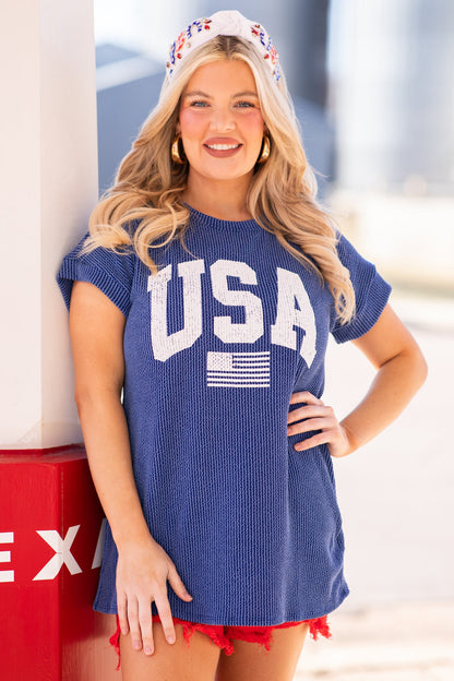 Cobalt Ribbed USA Knit Top