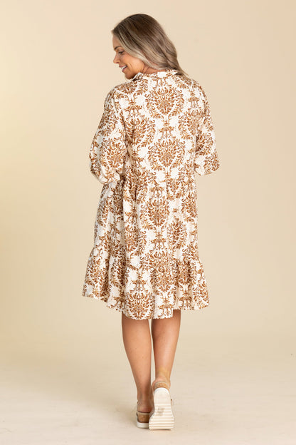 Camel Print V-Neck Quarter Sleeve Tiered Dress