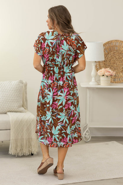 Brown And Turquoise Floral Wrap Dress
