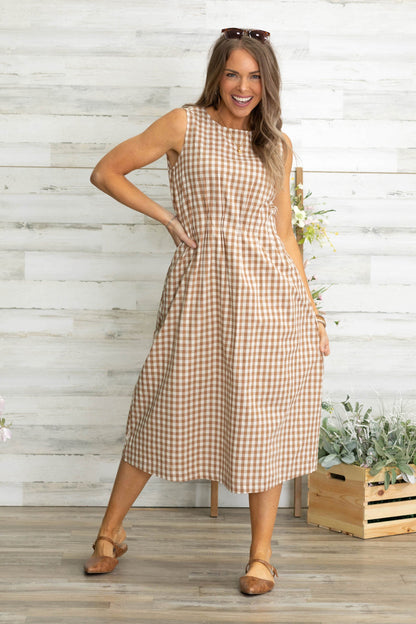Brown Gingham Check Sleeveless Midi Dress