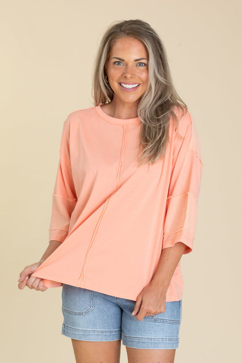 Coral Washed Mixed Fabric Knit Top