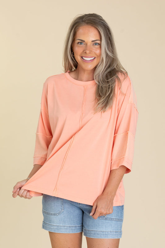 Coral Washed Mixed Fabric Knit Top