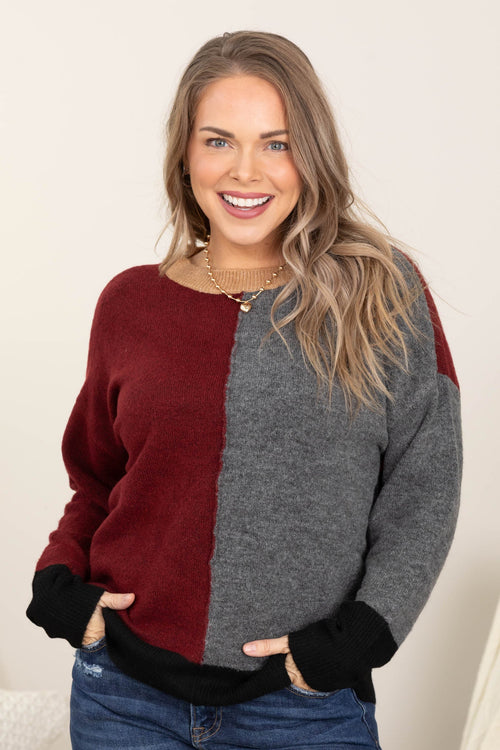 Colorblock Front Seam Long Sleeve Knit Sweaters
