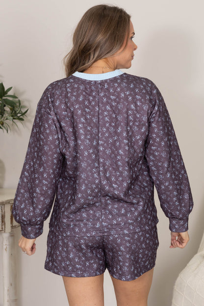 Charcoal Floral Print Quilted Knit Top & Shorts Set