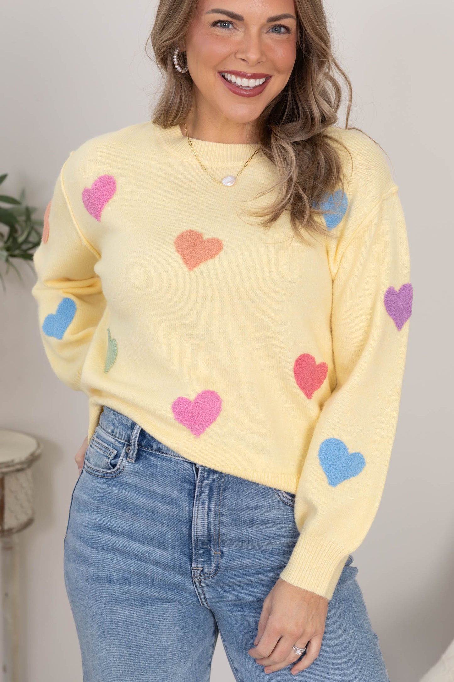 Butter Yellow Multicolor Hearts Sweater Top