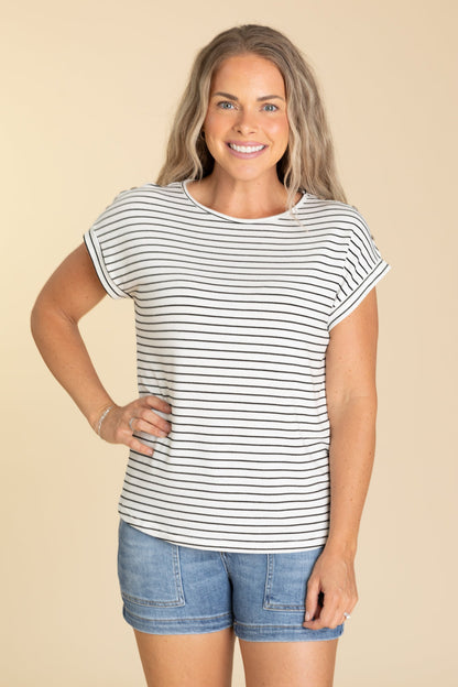 Button Shoulder Striped Knit Top