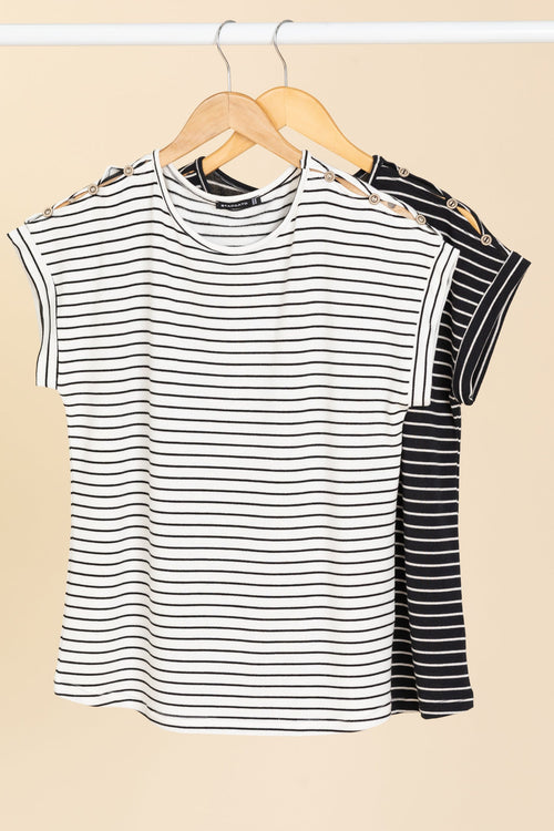 Button Shoulder Striped Knit Top