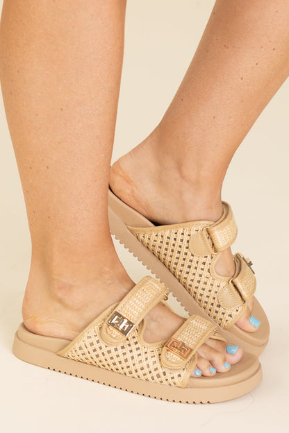 Buckled Strap Raffia Slip On Sandals