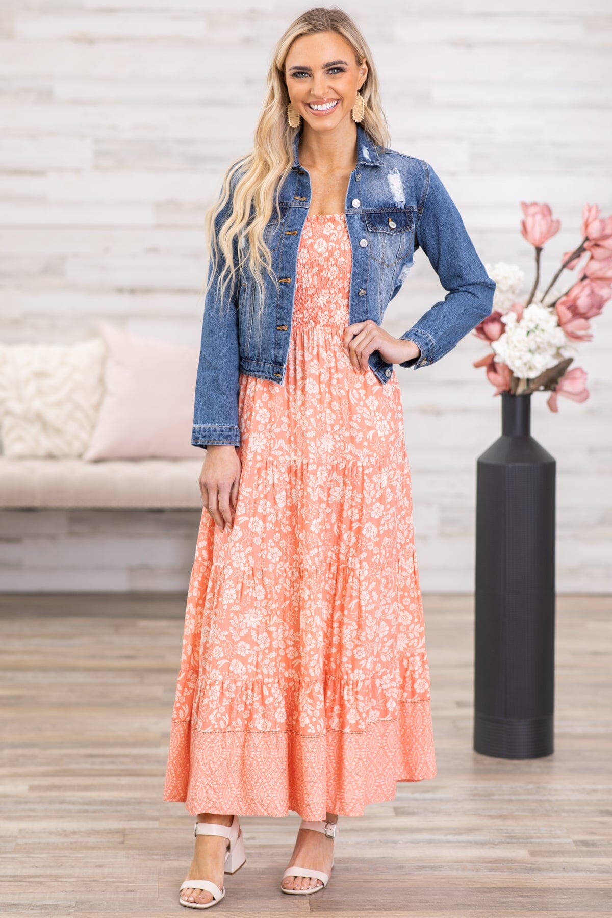 Coral and Ivory Floral Print Maxi Dress