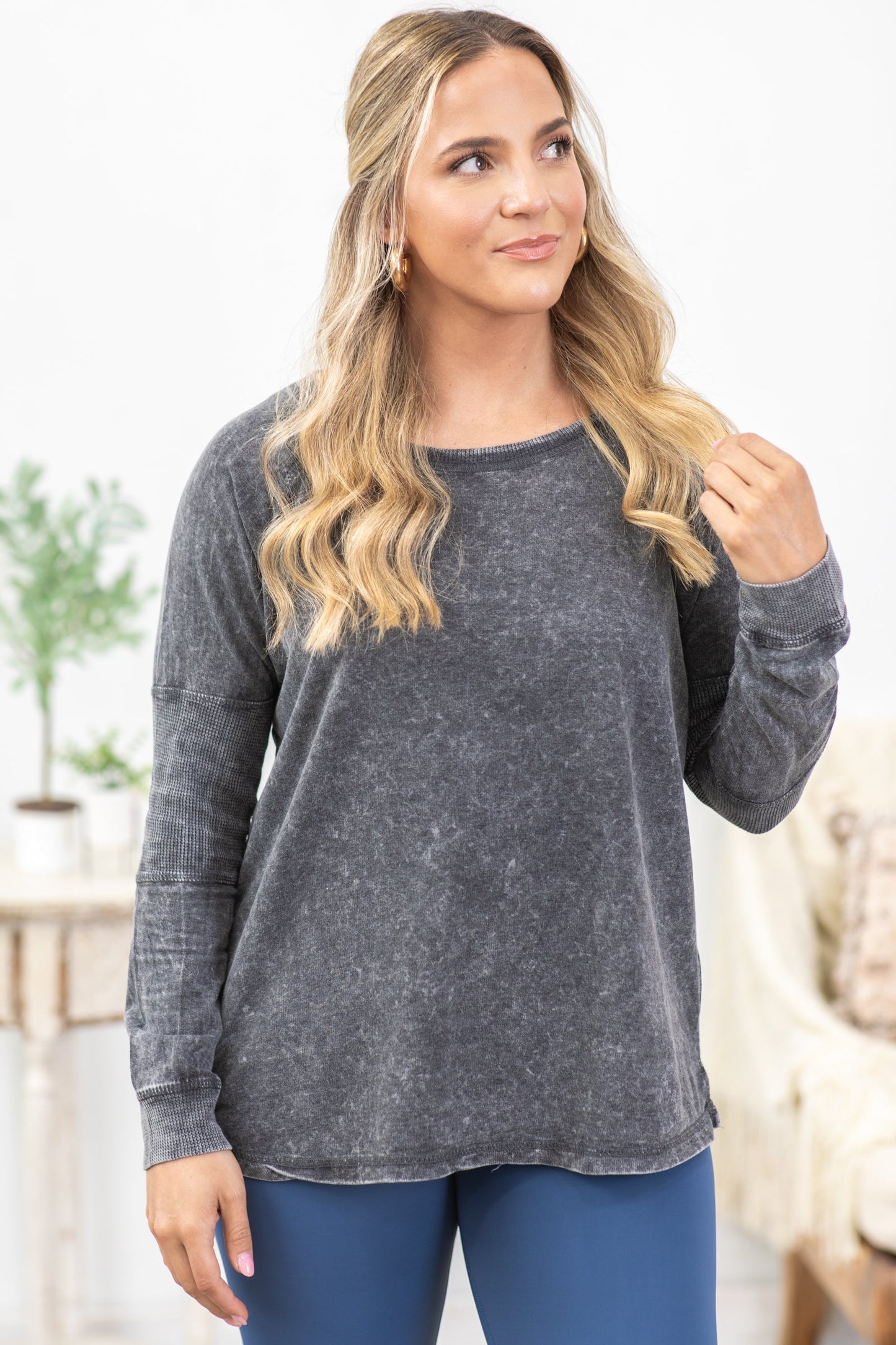 Charcoal Washed Scoop Neck Long Sleeve Top