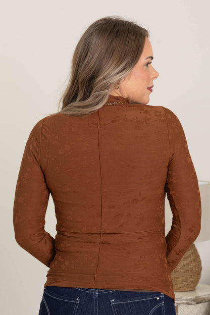 Cognac Floral Textured Knit Mock Neck Top
