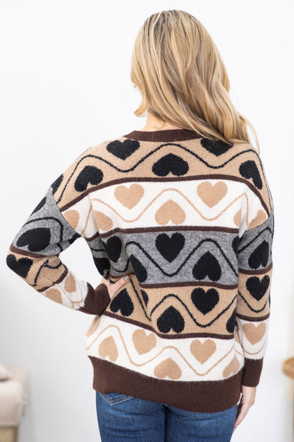 Brown Multicolor Heart Wave Cozy Sweater