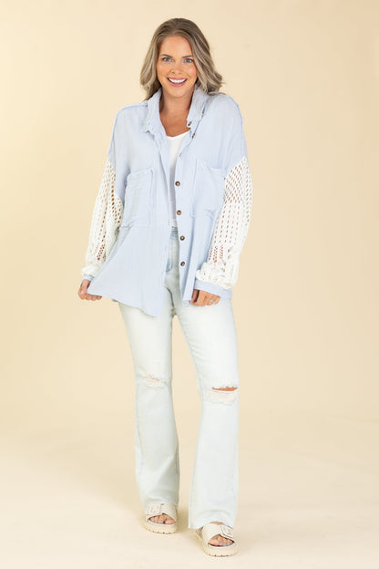 Contrast Sweater Sleeves Button Up Top