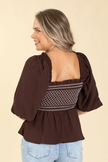 Brown Smocked Woven Blouse