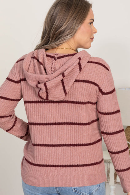 Burgundy Stripe Drawstring Hoodie Sweater