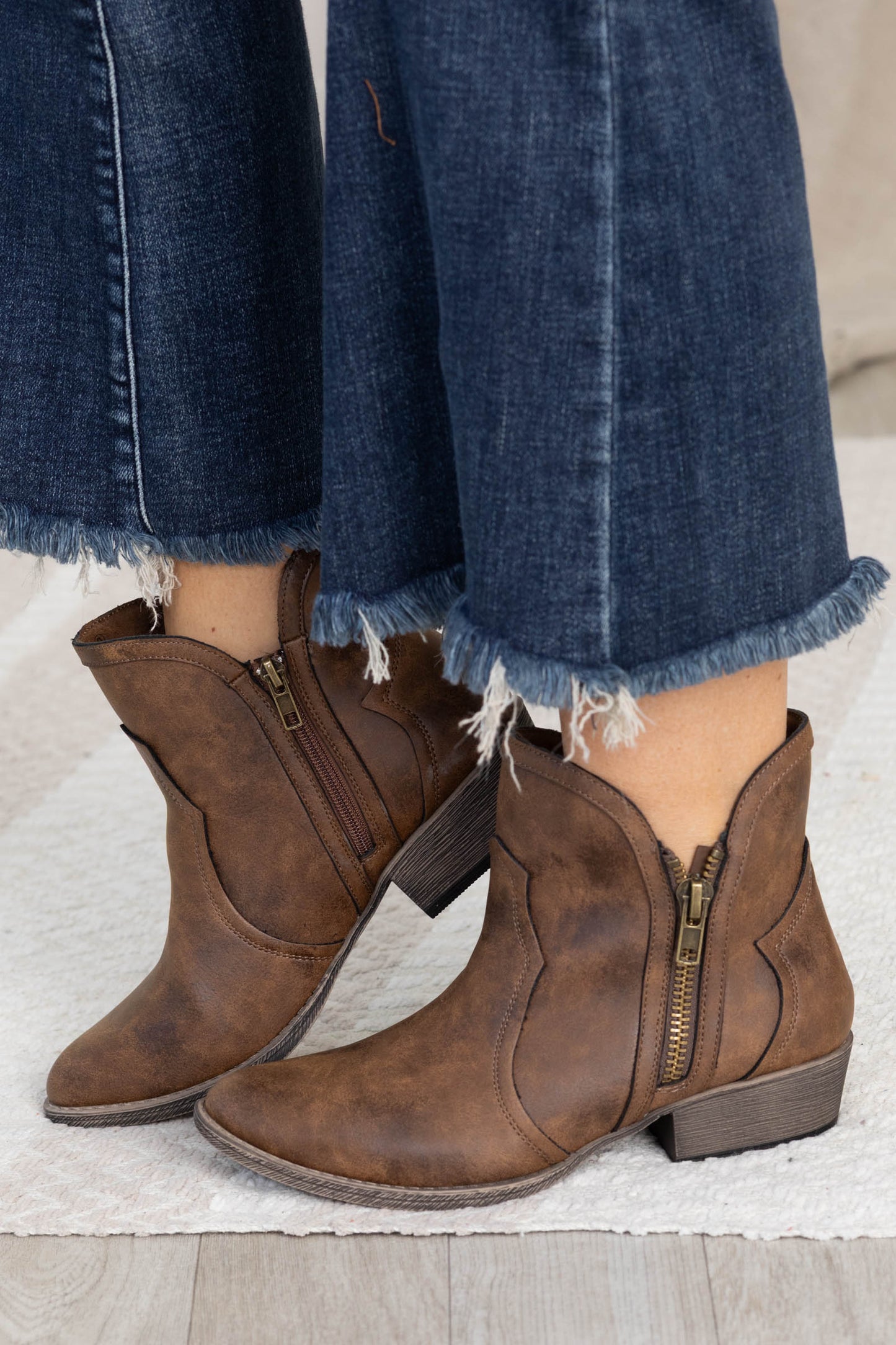 Brown Burnished Side Zip Bootie