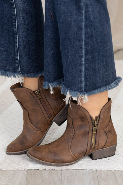 Brown Burnished Side Zip Bootie