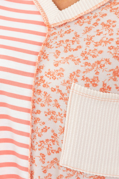 Coral V-Neck Floral And Stripe Knit Rib Top