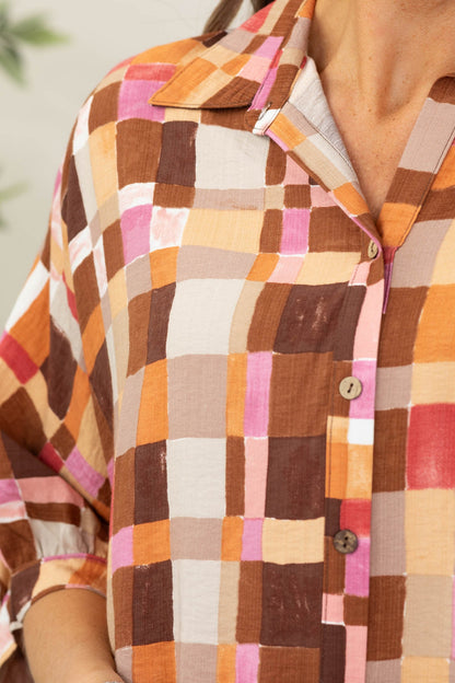 Brown Combo Checker Button Down Woven Top