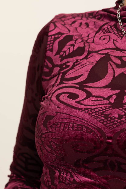 Burgundy Velvet Burnout Mock Neck Knit Top