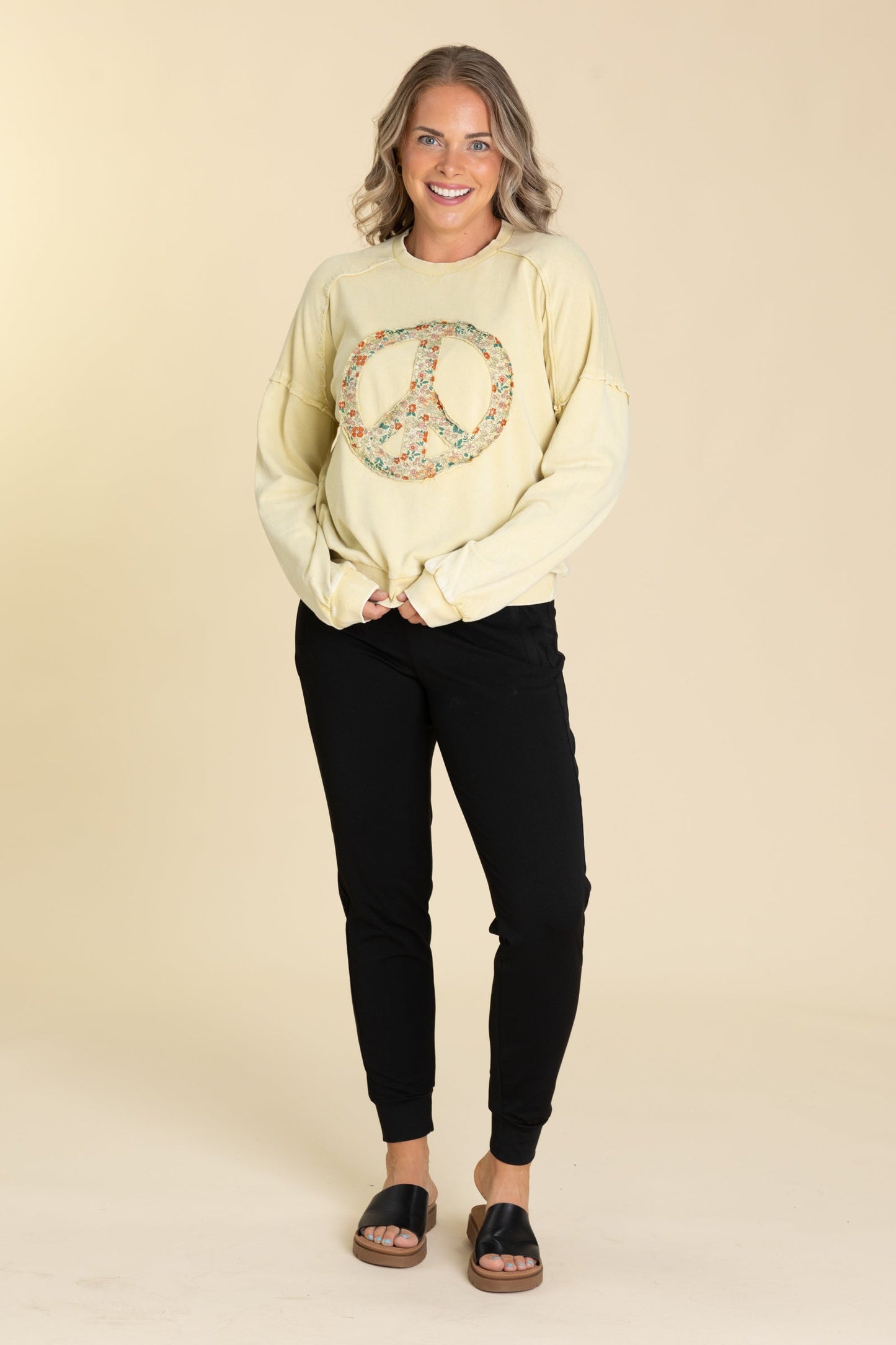Butter Yellow Peace Sign Washed Terry Knit Top