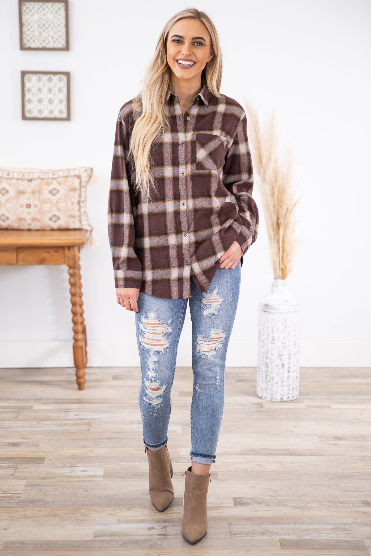 Chestnut Plaid Button Up Top