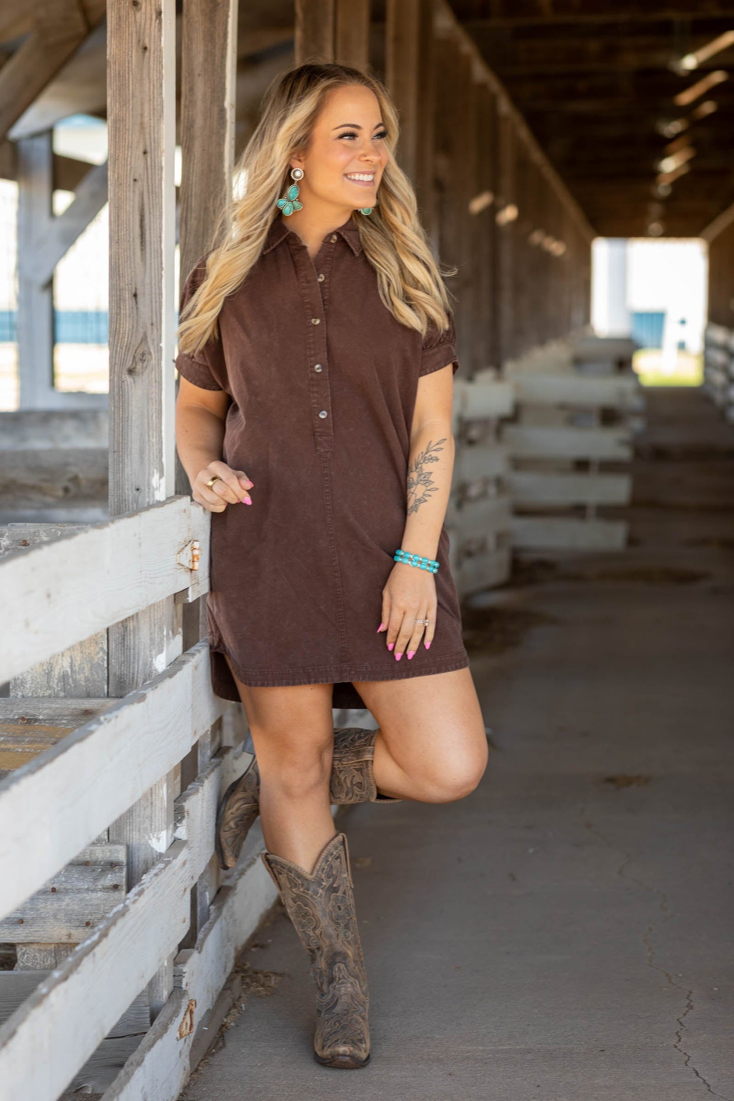 Brown Mineral Washed Shirt Dress