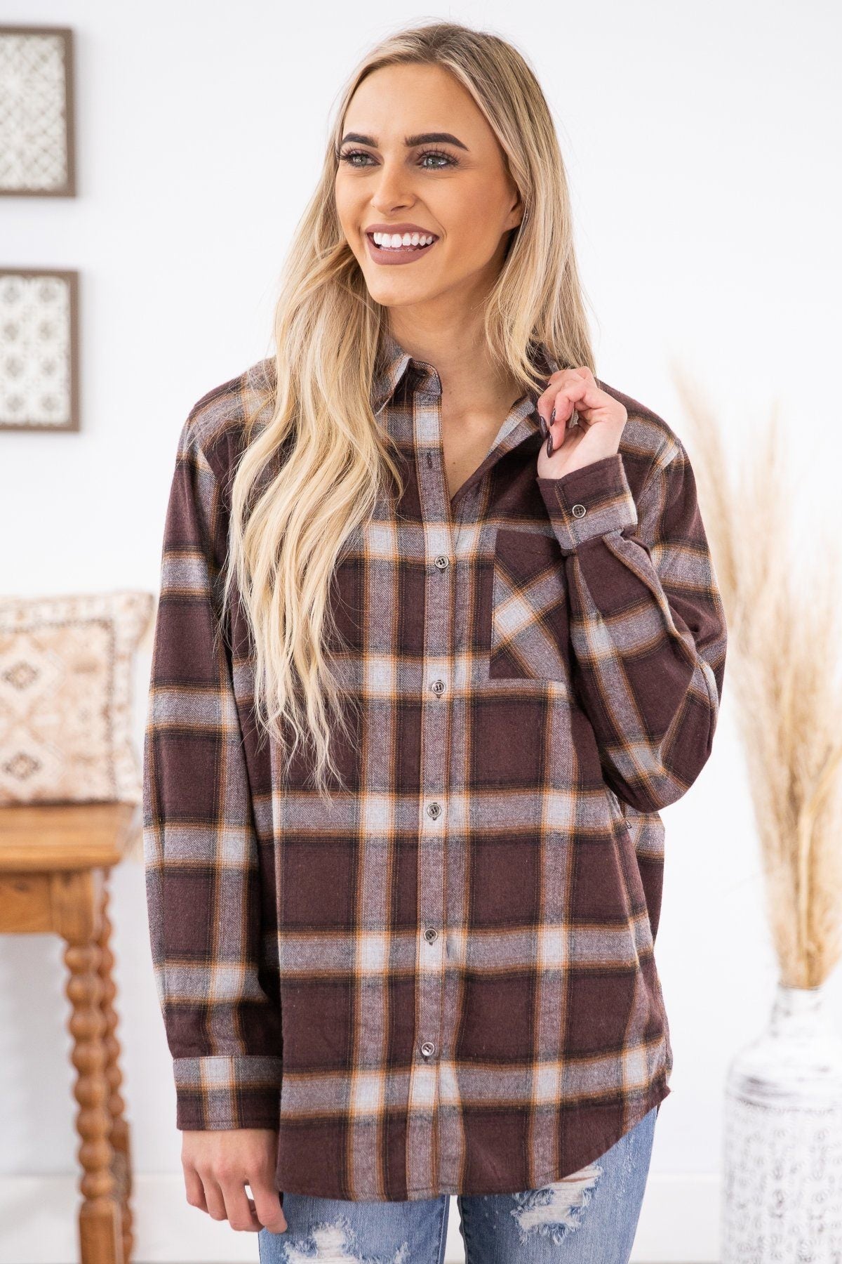 Chestnut Plaid Button Up Top