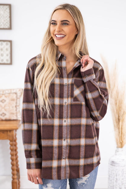 Chestnut Plaid Button Up Top