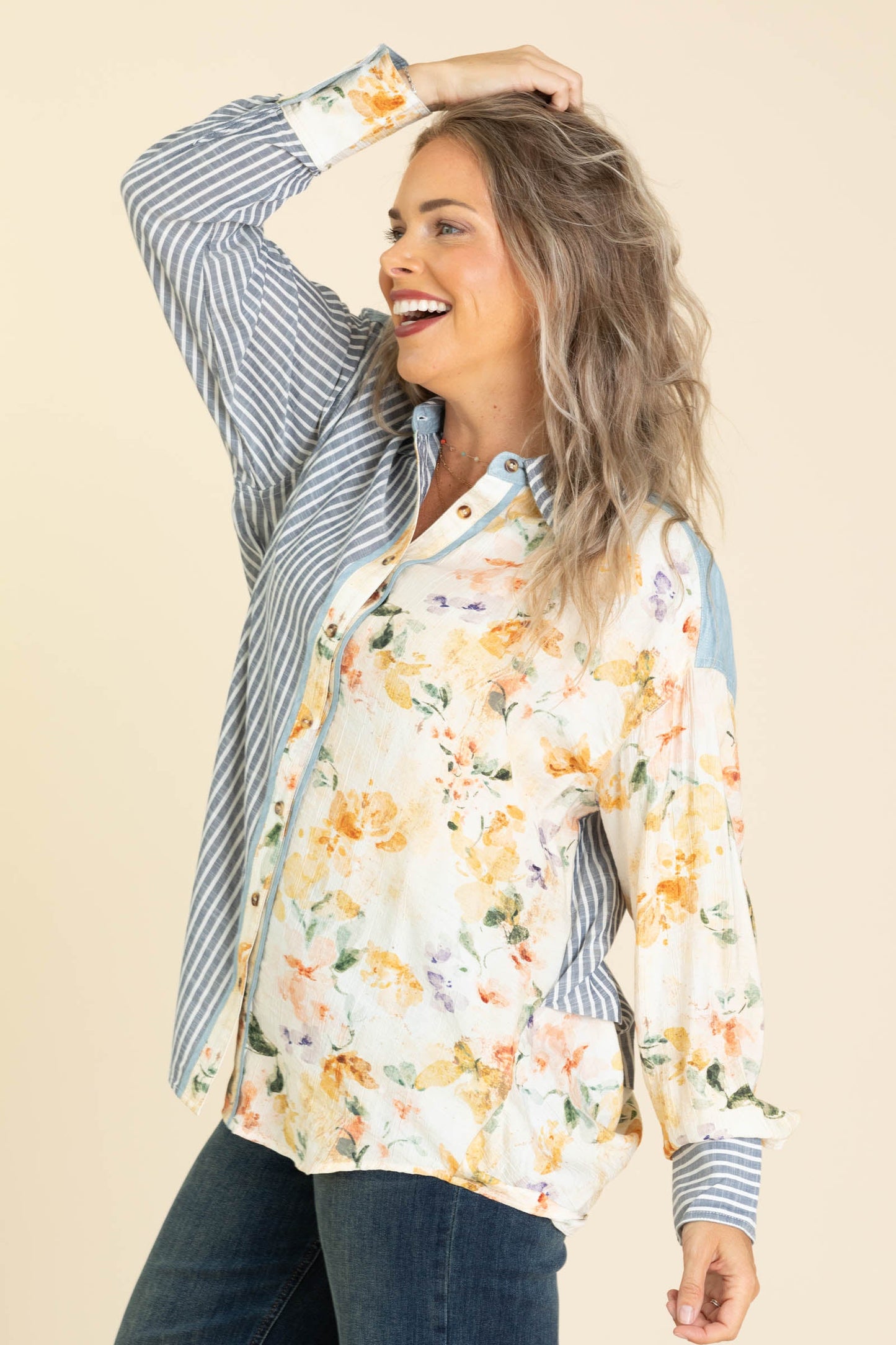 Chambray Blue Floral And Stripe Button Up Top