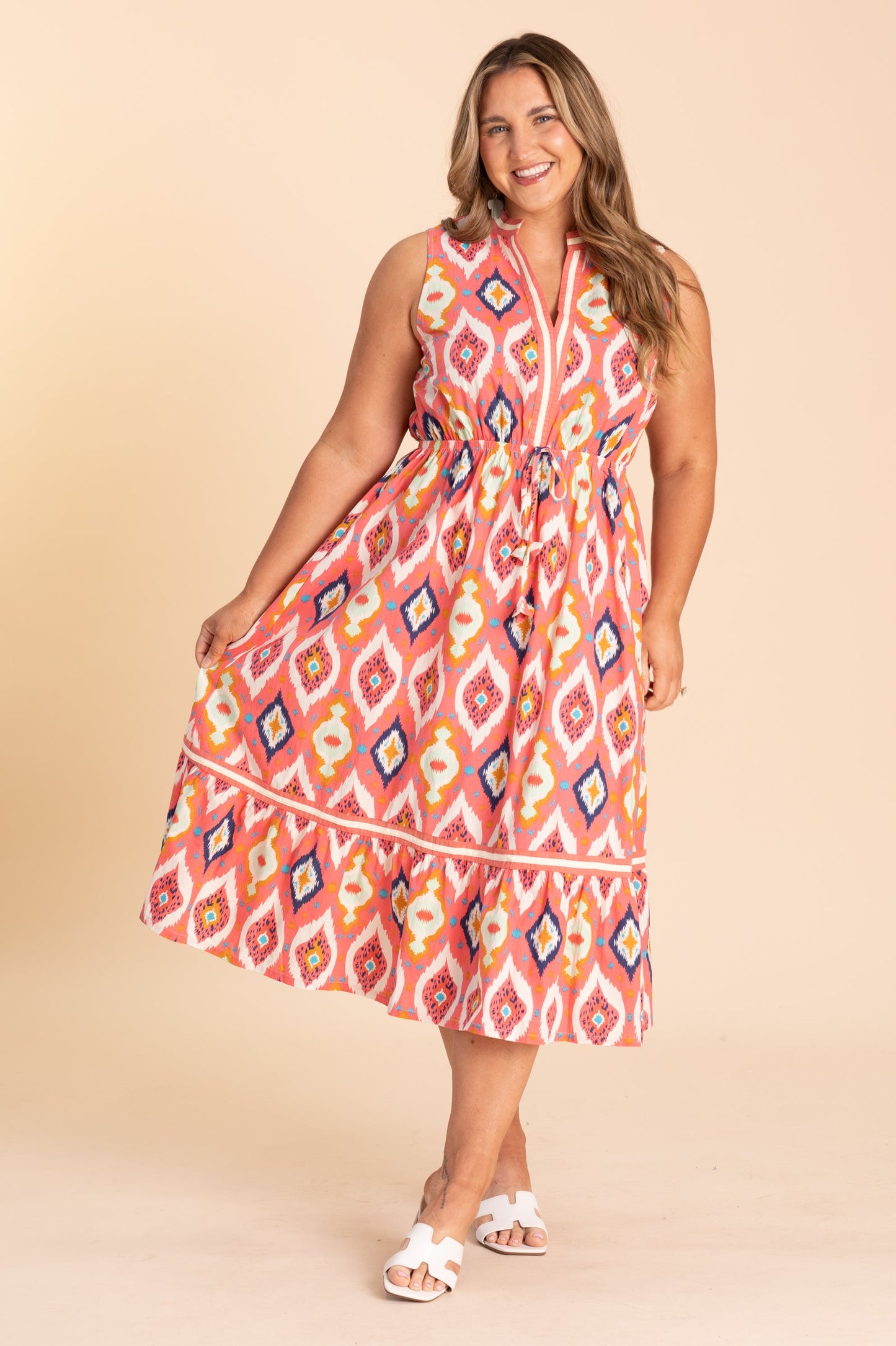 Coral Pink V-Neck Elastic Waist Midi Dress