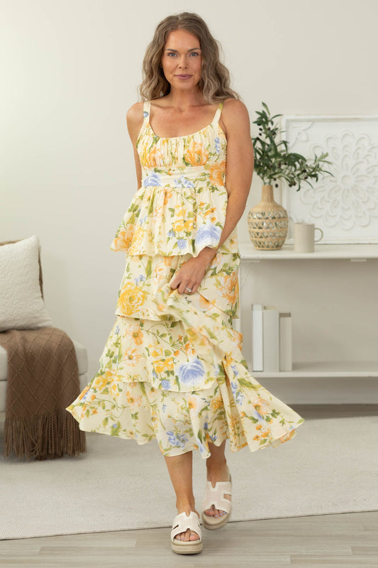 Butter Yellow Floral Ruffle Tiered Midi Dress