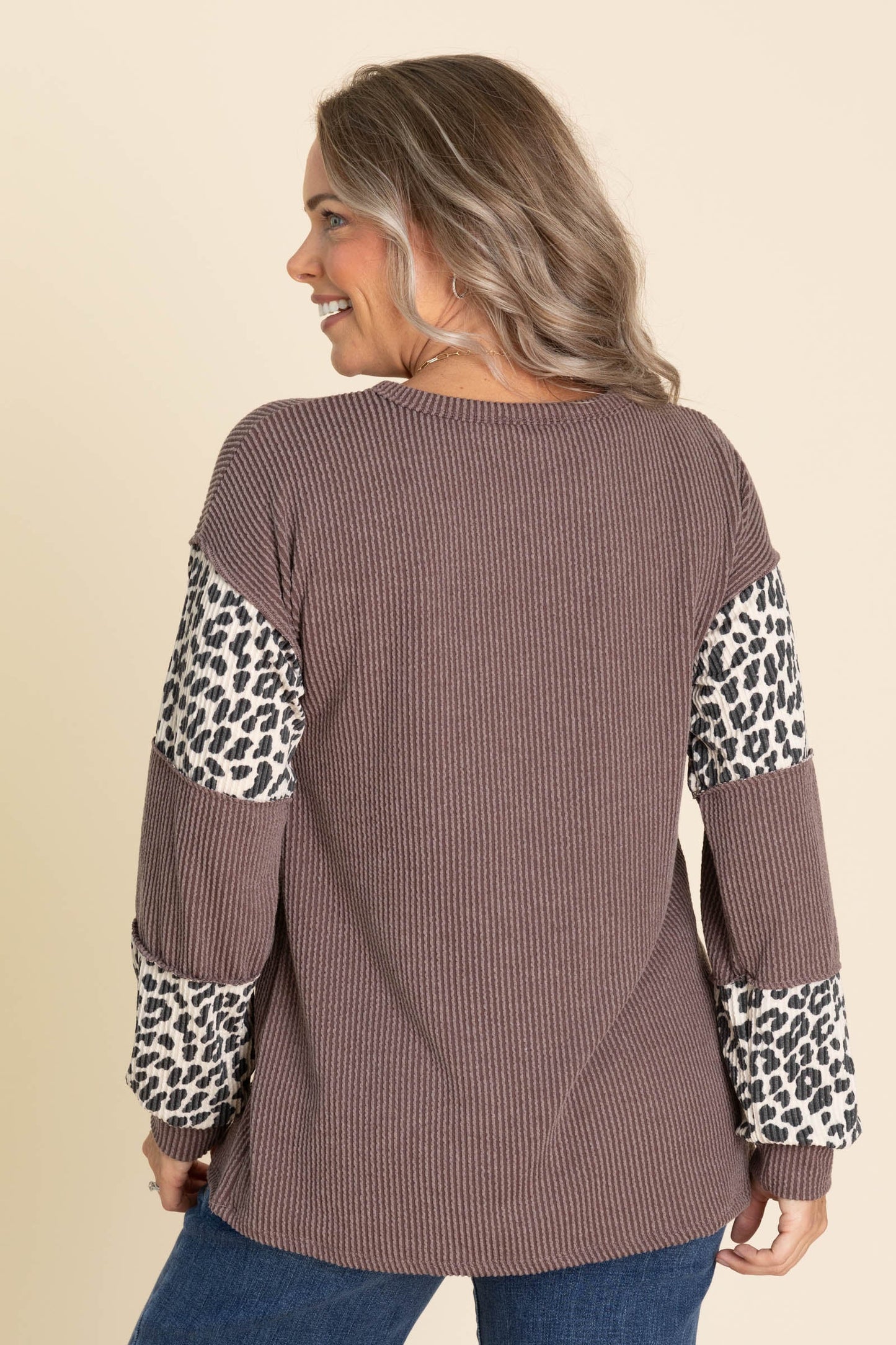 Brown Ribbed Long Sleeve With Cheetah Knit Top