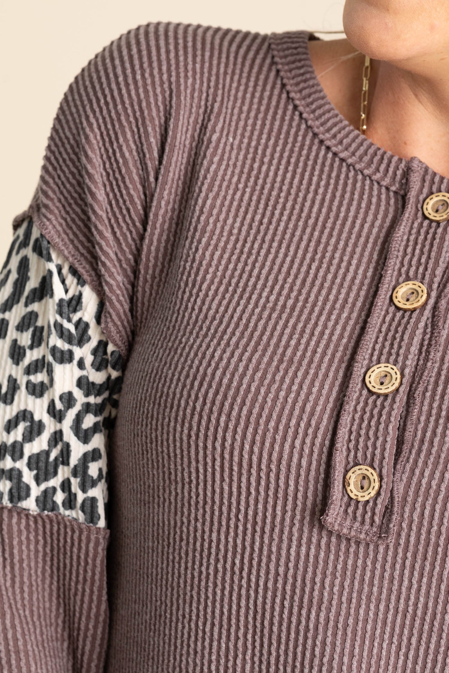 Brown Ribbed Long Sleeve With Cheetah Knit Top