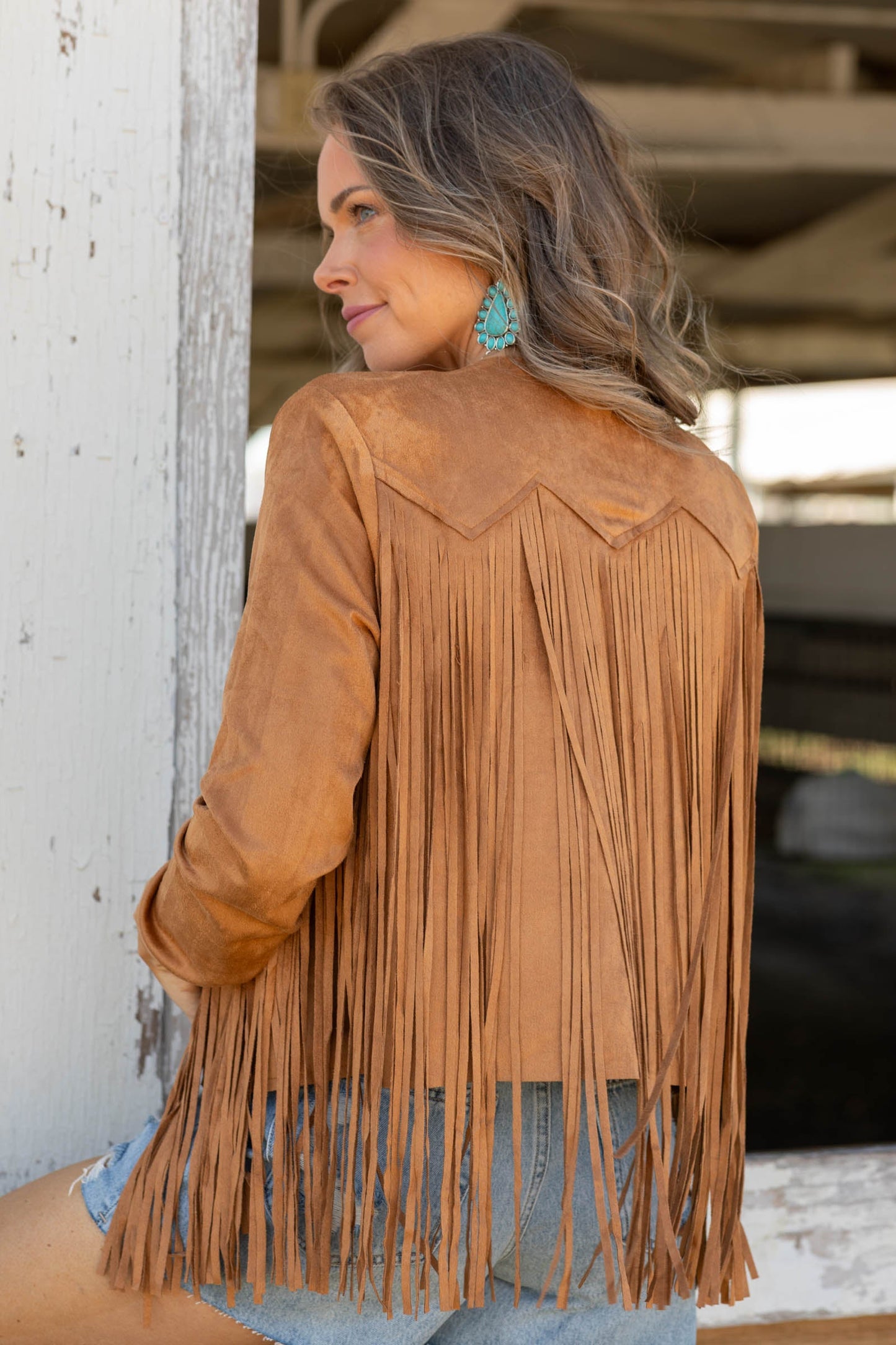Camel Suede Studs And Fringe Detail Jacket