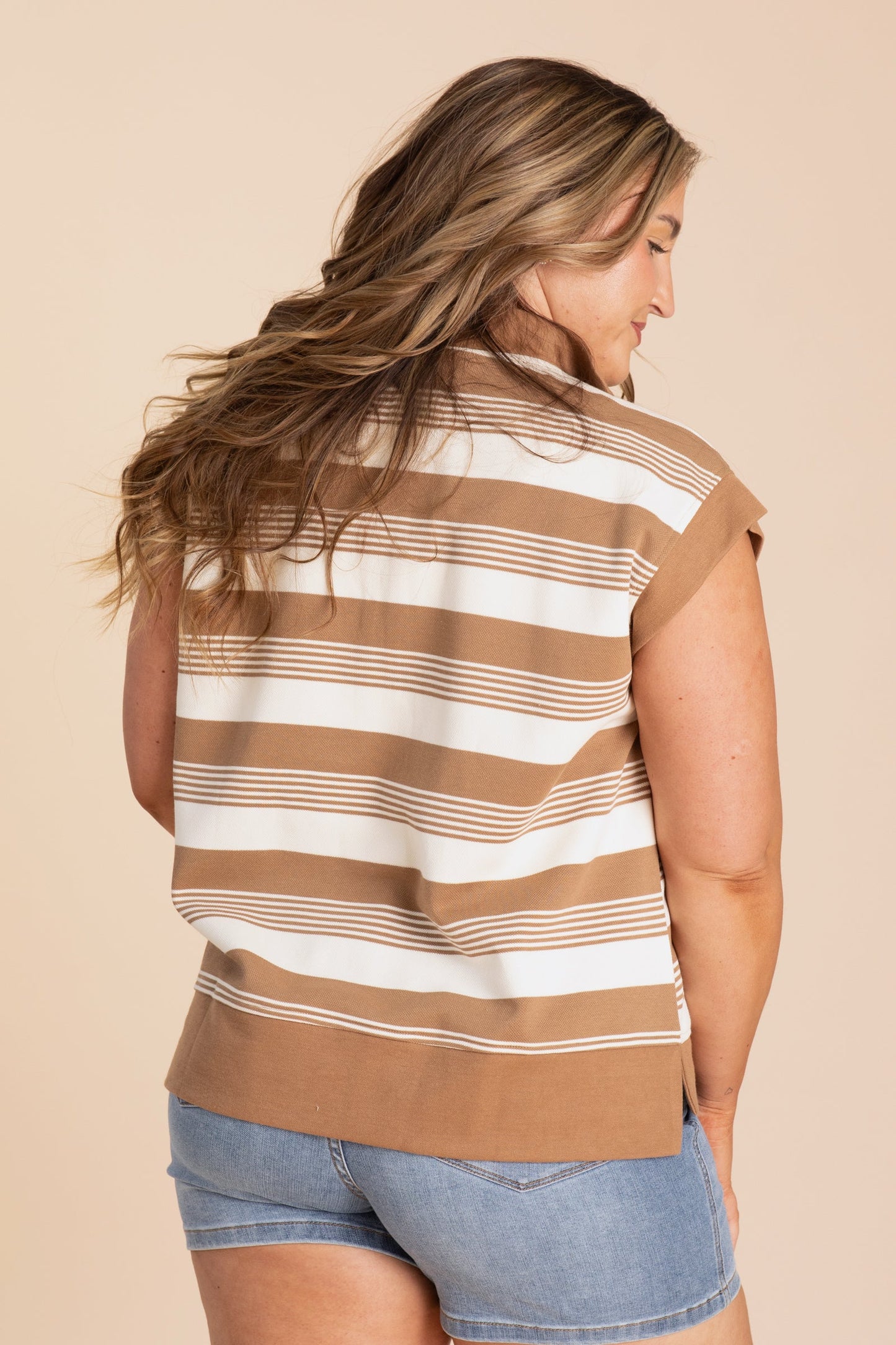 Camel Stripe Quarter Zip Sleeveless Knit Top