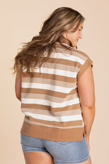 Camel Stripe Quarter Zip Sleeveless Knit Top