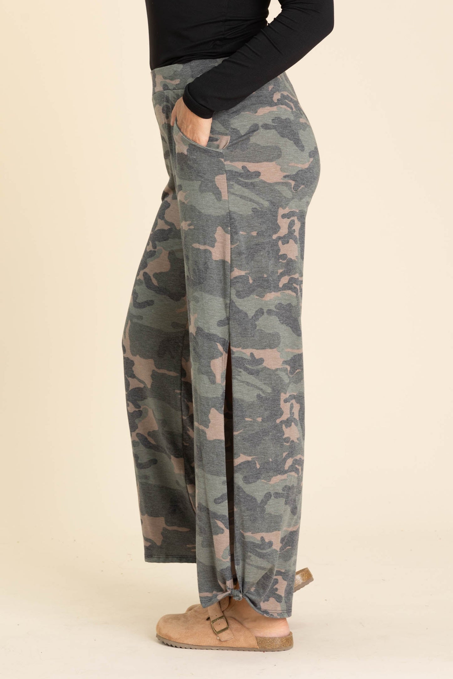 Camo Soft Knit Slit Side Pants