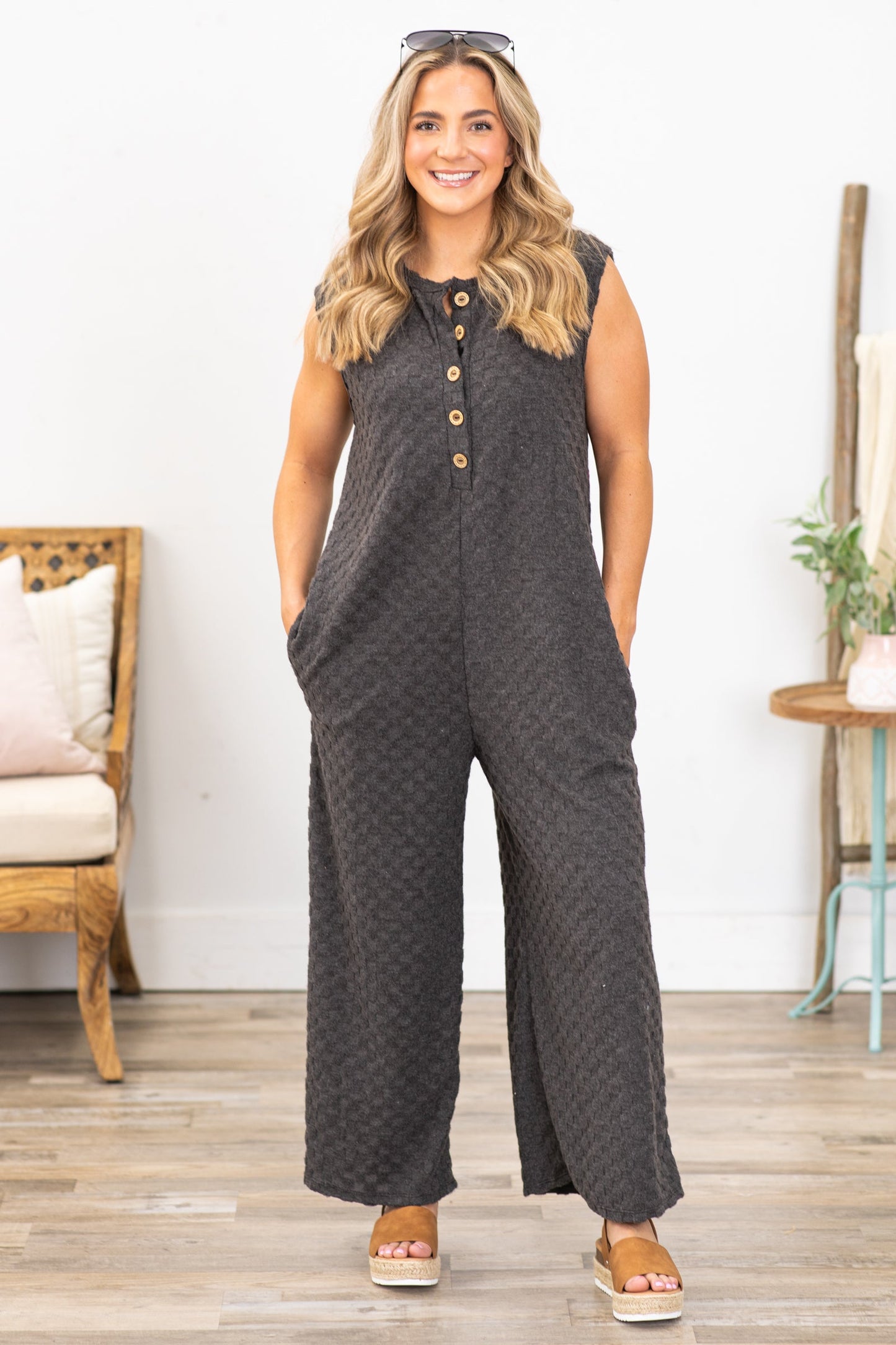Charcoal Brushed Checkerboard Texture Jumpsuit