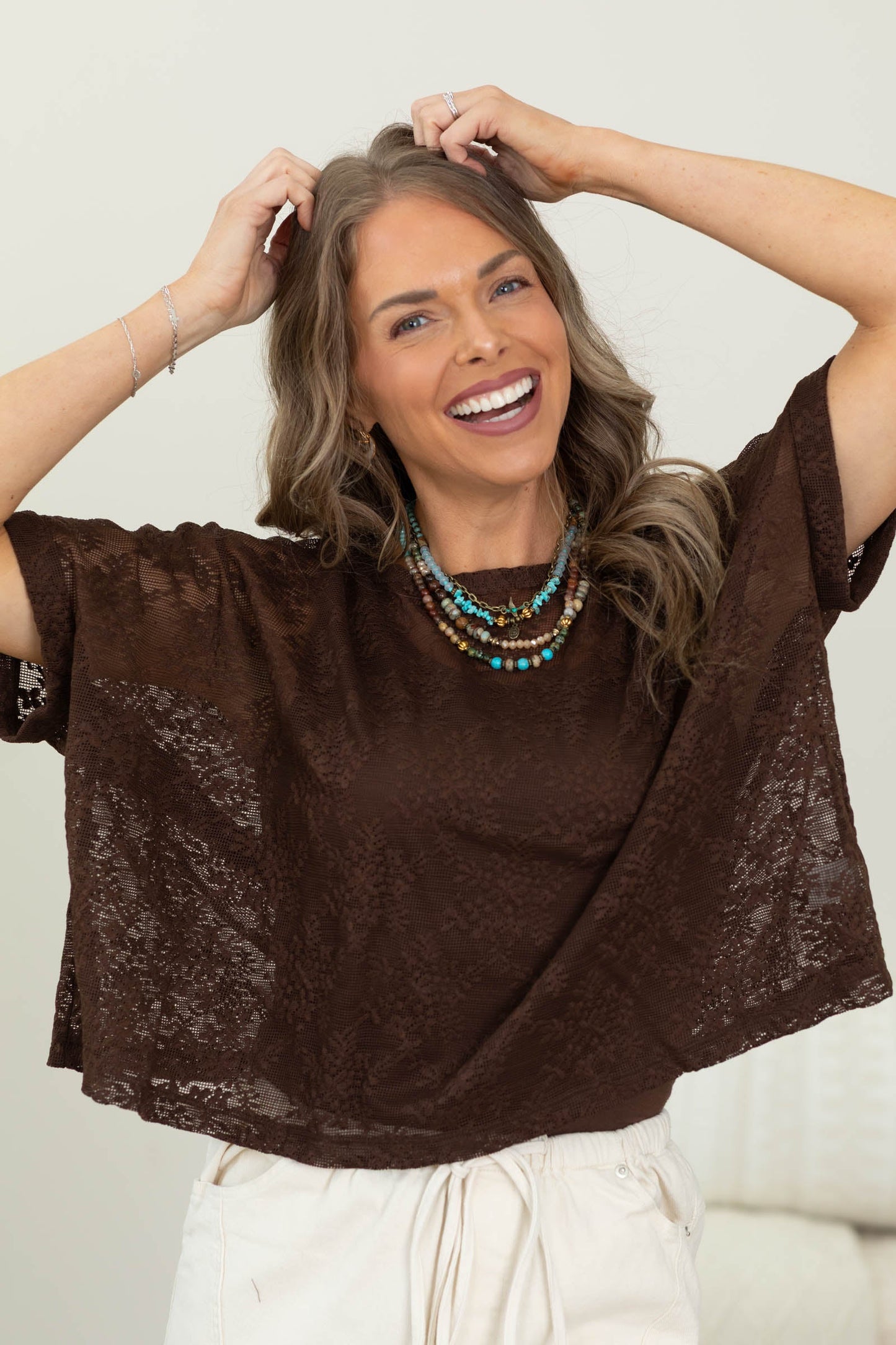 Brown Laced Short Sleeve Dolman Knit Top