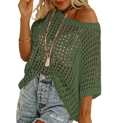 Women’s Lightweight Crochet Short Sleeve Sweater – Loose Hollow-Out Summer Top