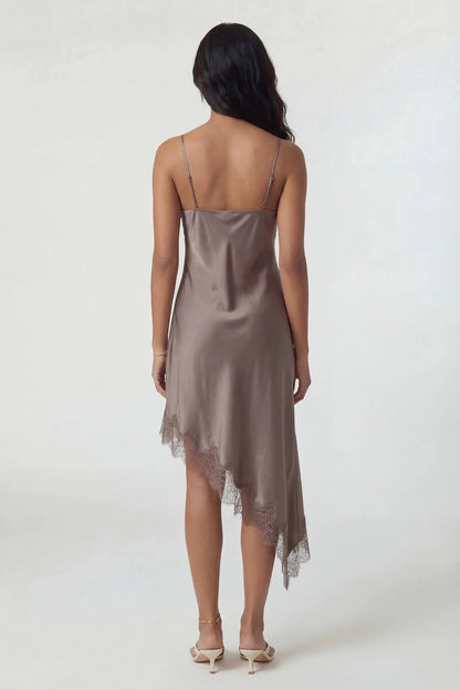 Satin V-Neck Lace Trim Asymmetrical Midi Dress