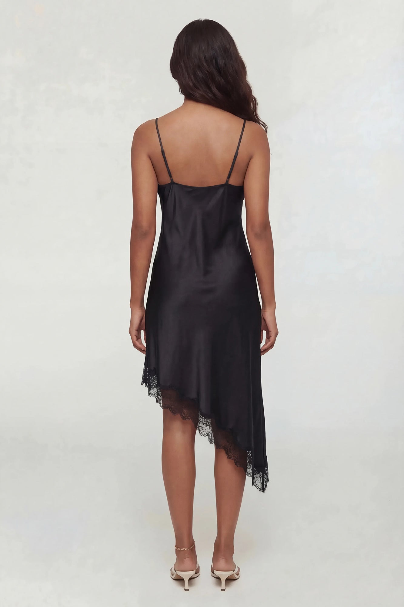 Satin V-Neck Lace Trim Asymmetrical Midi Dress