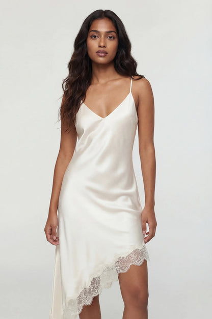 Satin V-Neck Lace Trim Asymmetrical Midi Dress